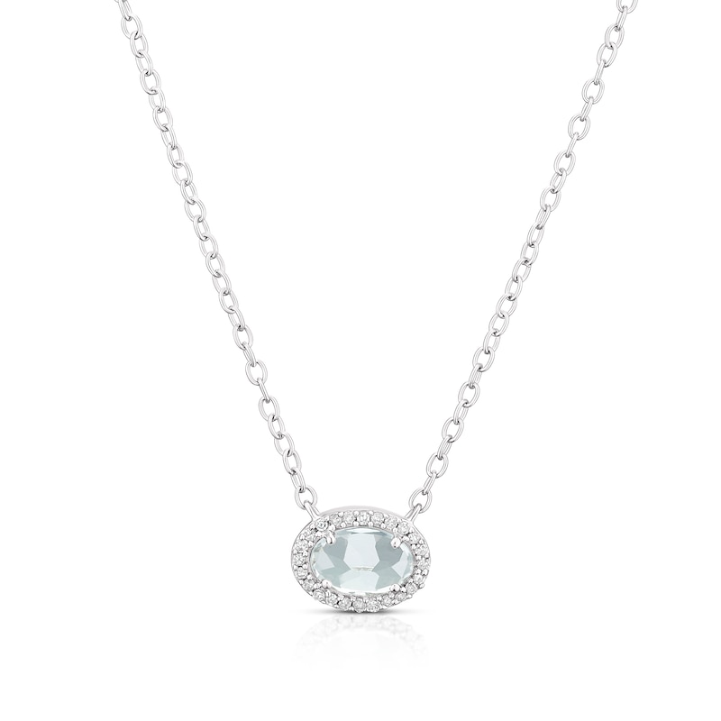 Main Image 1 of Sterling Silver Oval Aquamarine & Diamond Halo Pendant Necklace