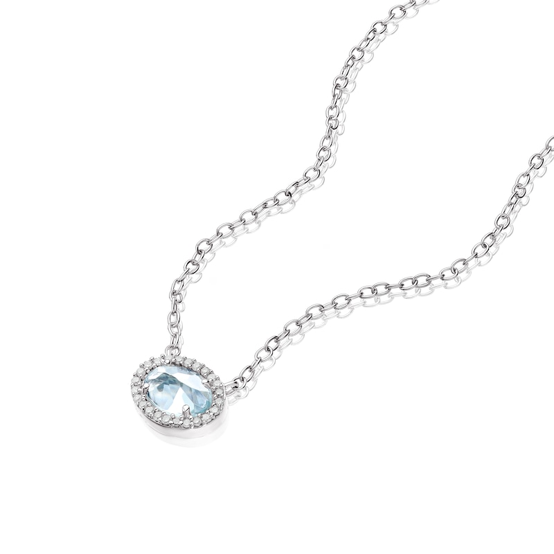 Main Image 2 of Sterling Silver Oval Aquamarine & Diamond Halo Pendant Necklace