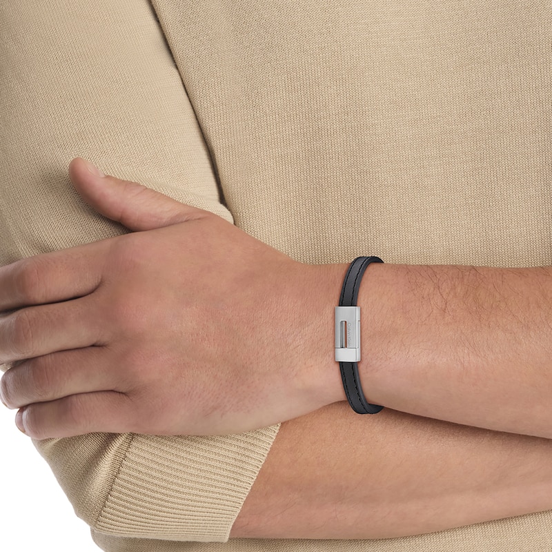 Main Image 3 of Calvin Klein Men's Stainless Steel & Black Leather Bracelet