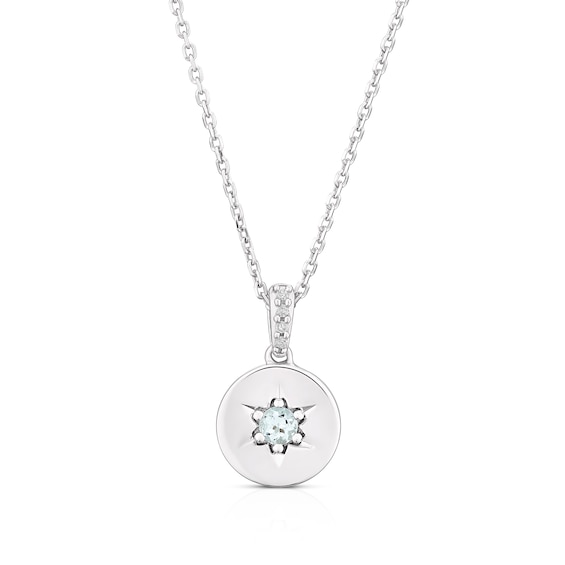 Sterling Silver Aquamarine and Diamond Disc Pendant Necklace