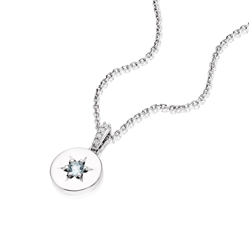 Main Image 2 of Sterling Silver Aquamarine & Diamond Disc Pendant Necklace