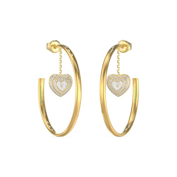 Guess Gold Tone MOP and Crystal Heart Drop 50mm Hoop Earrings