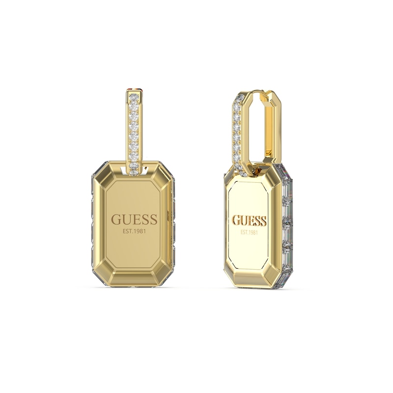 Main Image 1 of Guess Gold Tone Crystal Logo Charm 25mm Huggie Drop Earrings