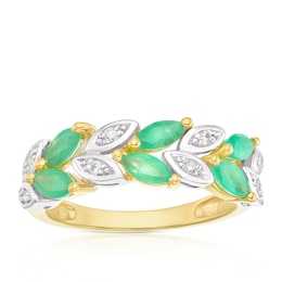9ct Yellow Gold Emerald & Diamond Leaf Eternity Ring