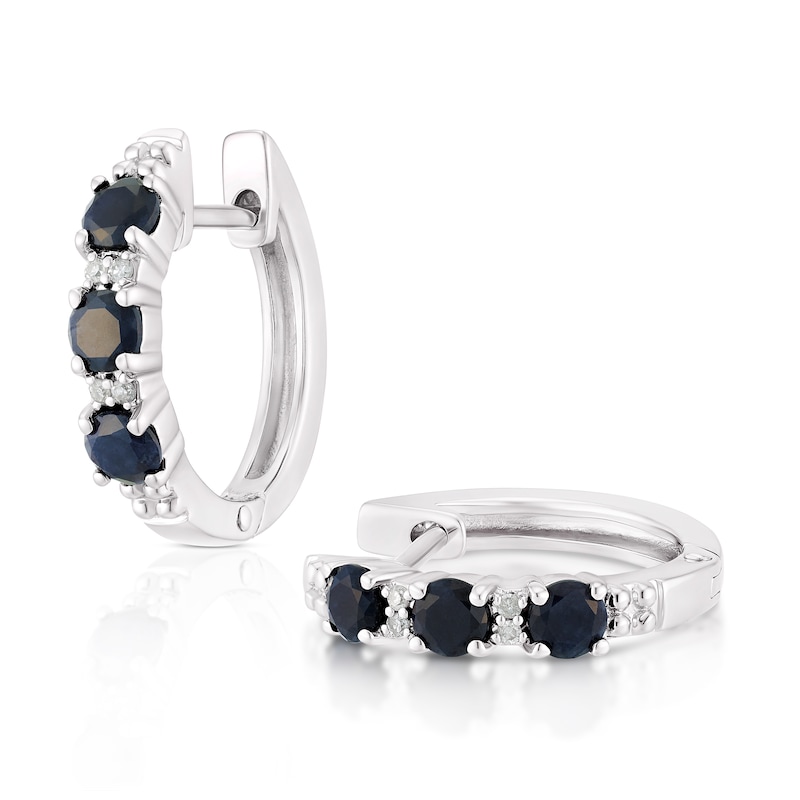 Main Image 1 of Sterling Silver Black Sapphire & Diamond Hoop Earrings