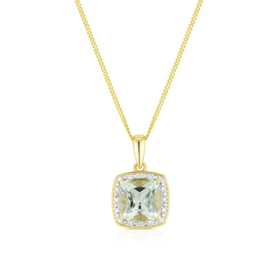 9ct Yellow Gold Green Amethyst and Diamond Pendant Necklace