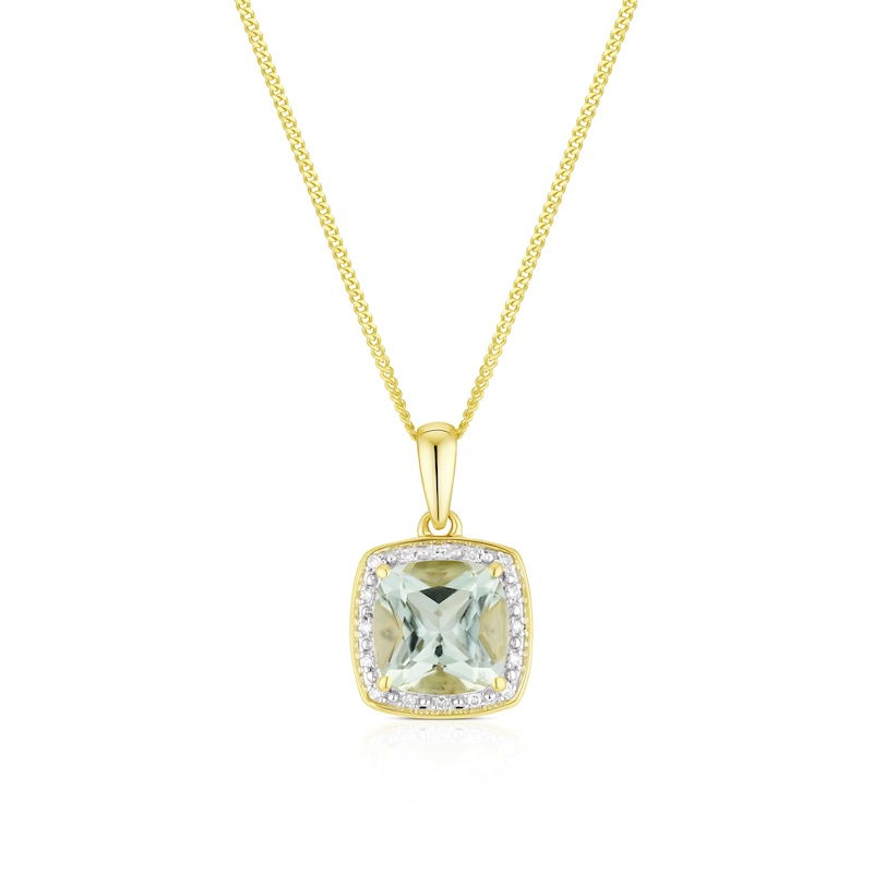Main Image 1 of 9ct Yellow Gold Green Amethyst & Diamond Pendant Necklace