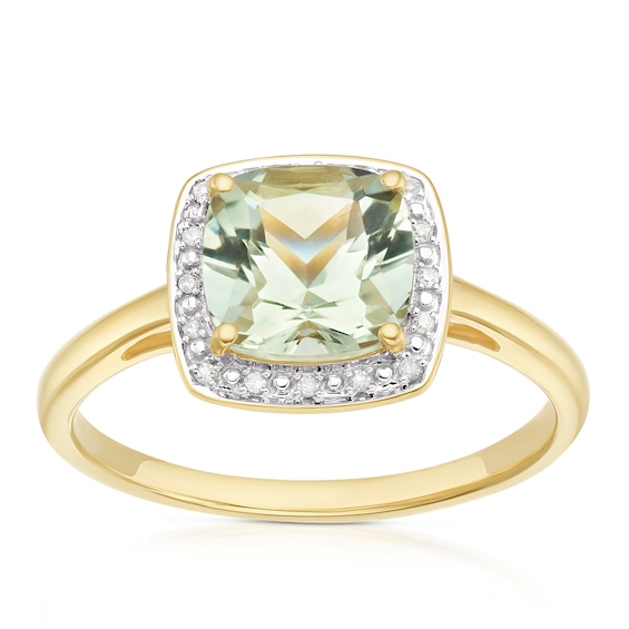 9ct Yellow Gold Green Amethyst and Diamond Halo Ring