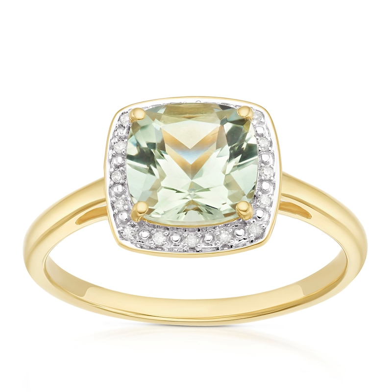 9ct Yellow Gold Green Amethyst & Diamond Halo Ring