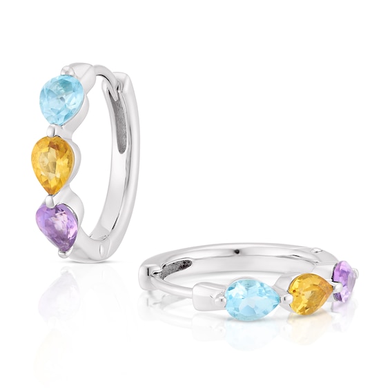 Sterling Silver Blue Topaz, Amethyst and Citrine Hoop Earrin