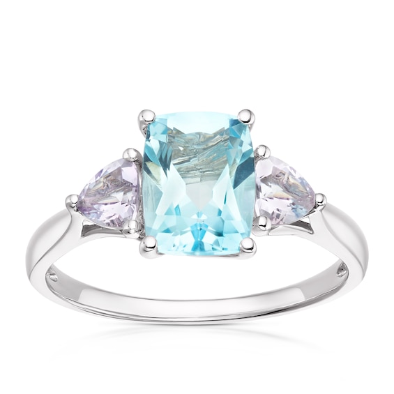 9ct White Gold Blue Topaz and Rose De France Amethyst Ring