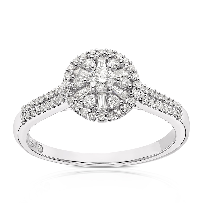 Emmy London 9ct White Gold 0.33ct Diamond Round & Baguette Cluster Halo Ring