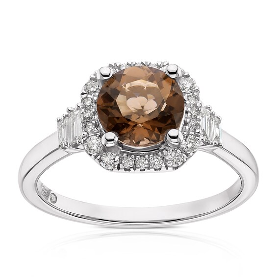 Emmy London 9ct White Gold 0.25ct Diamond and Smoky Quartz Halo Ring