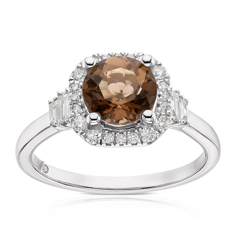 Emmy London 9ct White Gold 0.25ct Diamond & Smoky Quartz Halo Ring