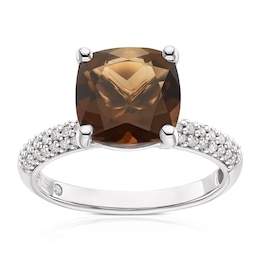 Emmy London 9ct White Gold 0.25ct Diamond & Smoky Quartz Solitaire Ring