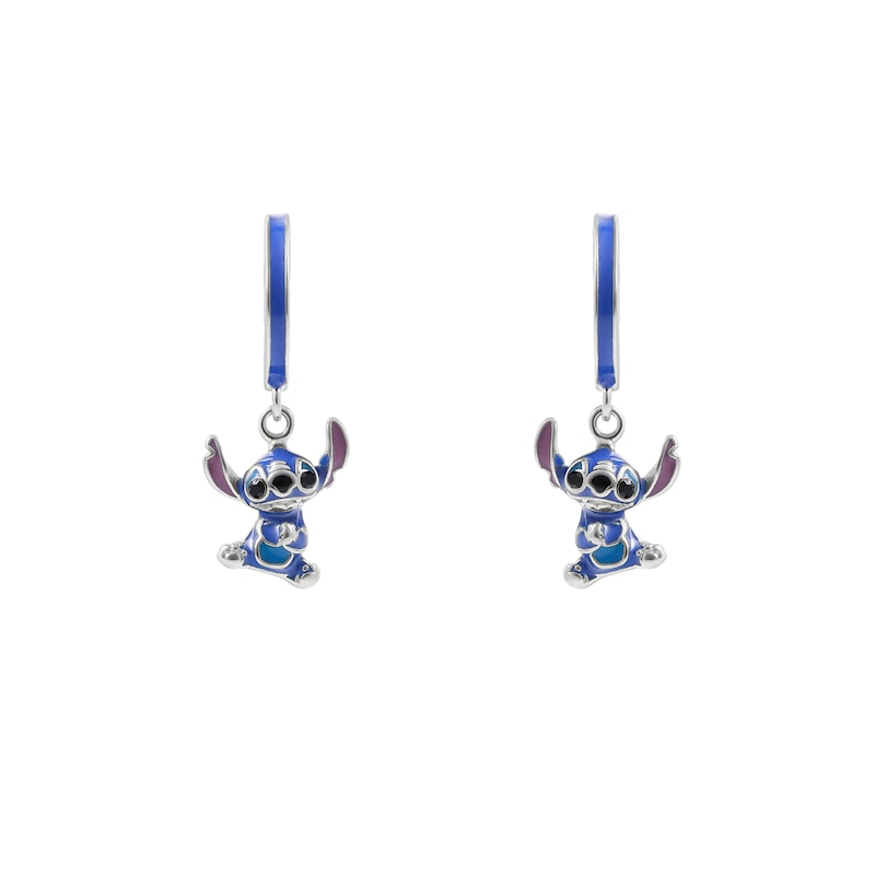 Main Image 1 of Disney Sterling Silver Stitch Enamel Charm Hoop Earrings