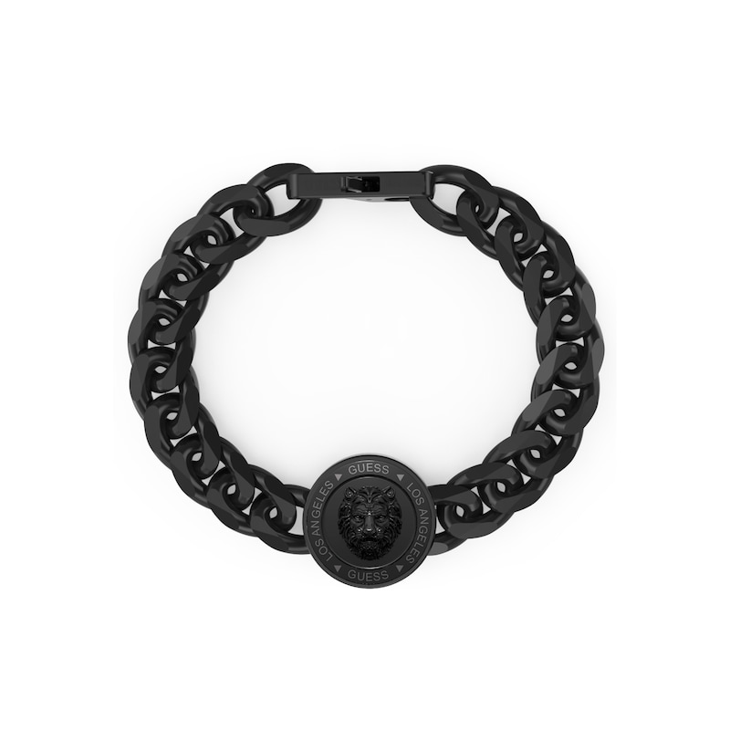 Guess Men's Stainless Steel Black Tone Lion Coin Curb Chain Bracelet