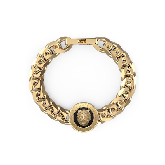 Guess Men's Stainless Steel Gold Tone Lion Coin Curb Chain Bracelet
