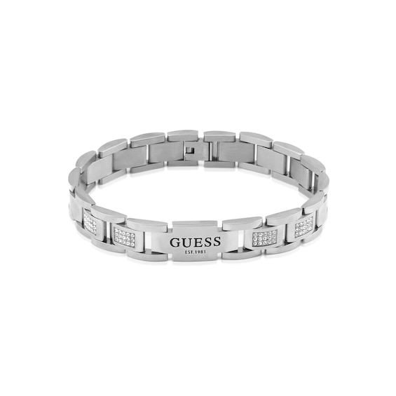 Guess Mens Stainless Steel Crystal 12mm Flat Chain Bracelet