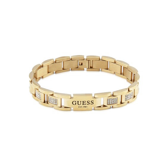 Guess Mens Stainless Steel Gold Tone Crystal Flat Chain Brac