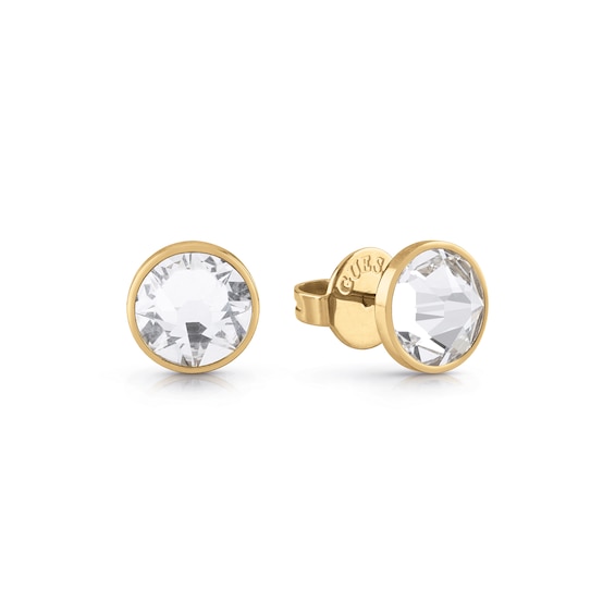 Guess Mens Stainless Steel Gold Tone 8mm Crystal Stud Earrings