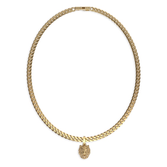 Guess Mens Stainless Steel Gold Tone Lion Head Pendant 21 Curb Chain Necklace