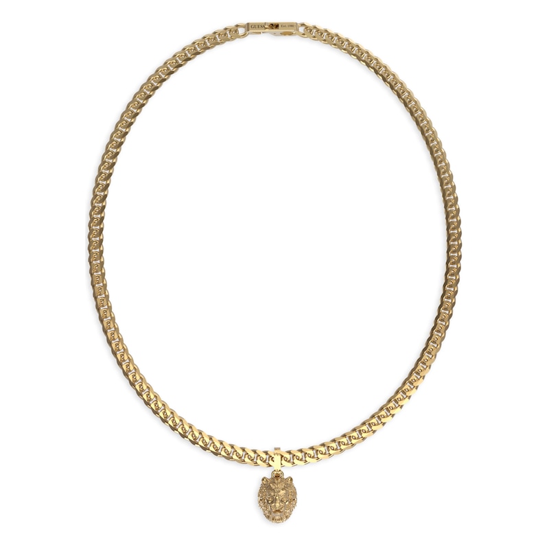 Main Image 1 of Guess Men's Stainless Steel Gold Tone Lion Head Pendant 21" Curb Chain Necklace