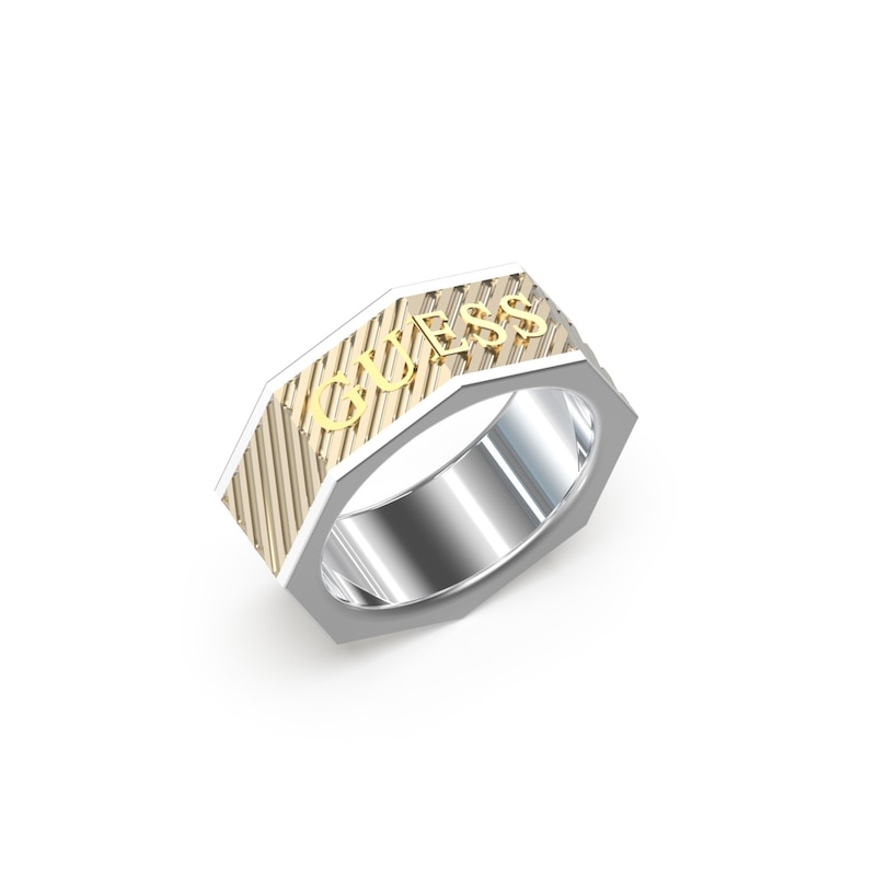 Guess Men's Stainless Steel & Gold Tone Squared Logo Ring- Size V