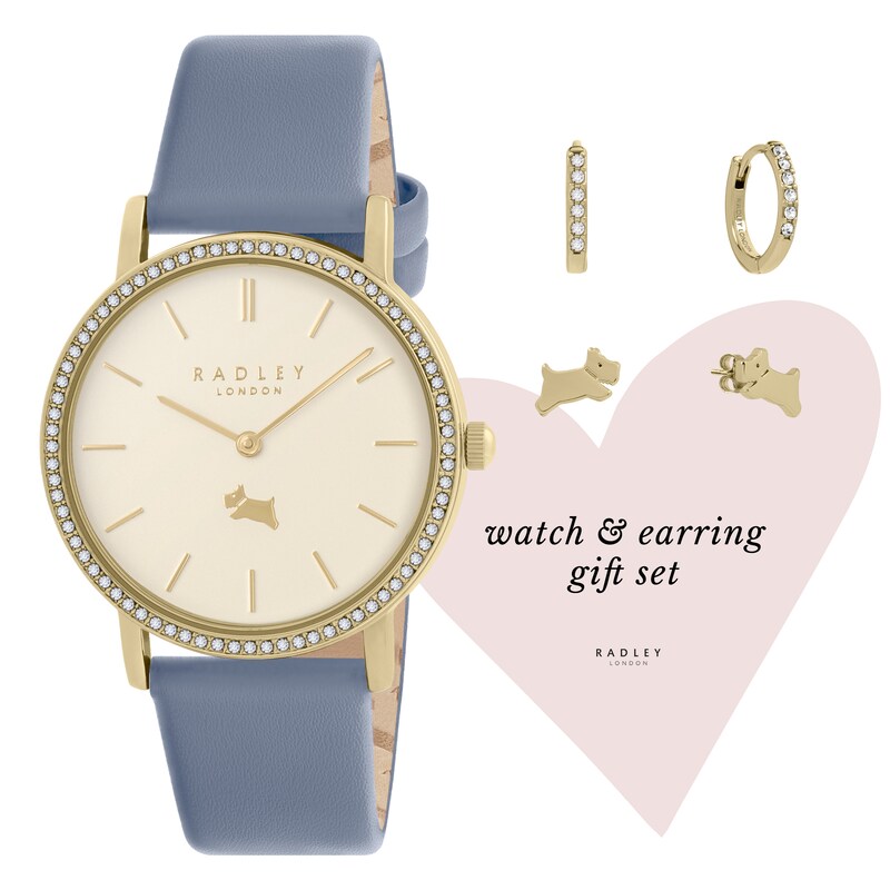 Radley Ladies' Stone Set Blue Leather Strap Watch & Twin Pack Gold Tone Earring Set