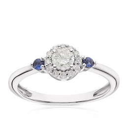9ct White Gold 0.25ct Diamond & Created Blue Sapphire Halo Ring