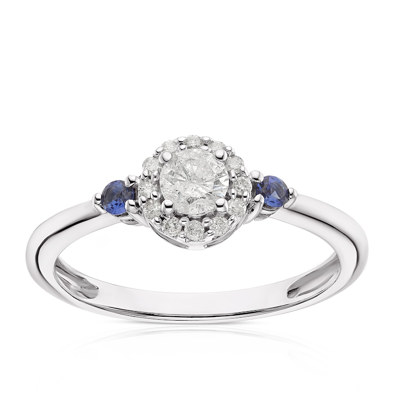 Main Image 1 of 9ct White Gold 0.25ct Diamond & Created Blue Sapphire Halo Ring