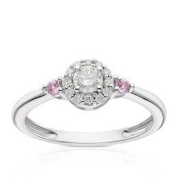 9ct White Gold 0.25ct Diamond & Created Pink Sapphire Halo Ring