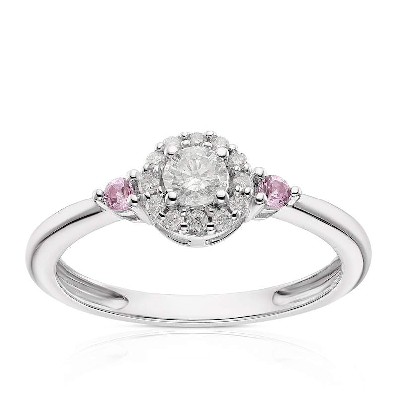 9ct White Gold 0.25ct Diamond & Created Pink Sapphire Halo Ring
