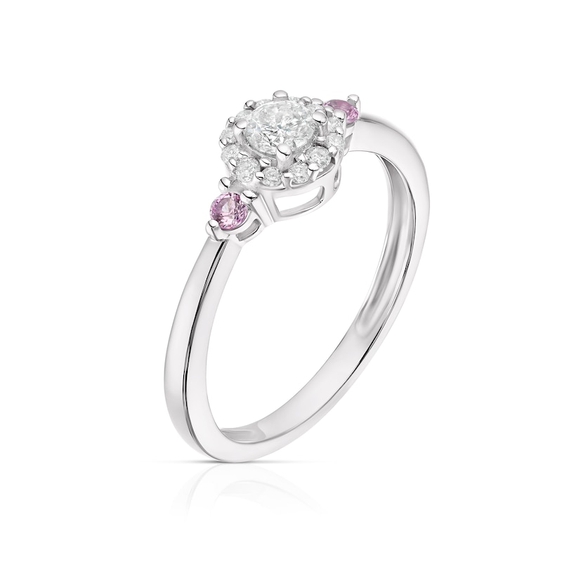9ct White Gold 0.25ct Diamond & Created Pink Sapphire Halo Ring