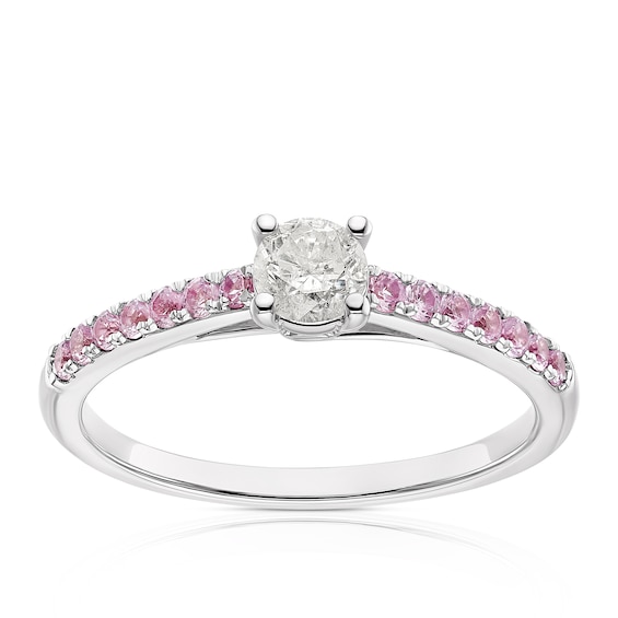 9ct White Gold 0.25ct Diamond and Created Pink Sapphire Solitaire Ring