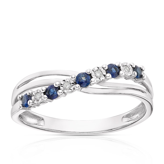 9ct White Gold Sapphire and Diamond Crossover Ring