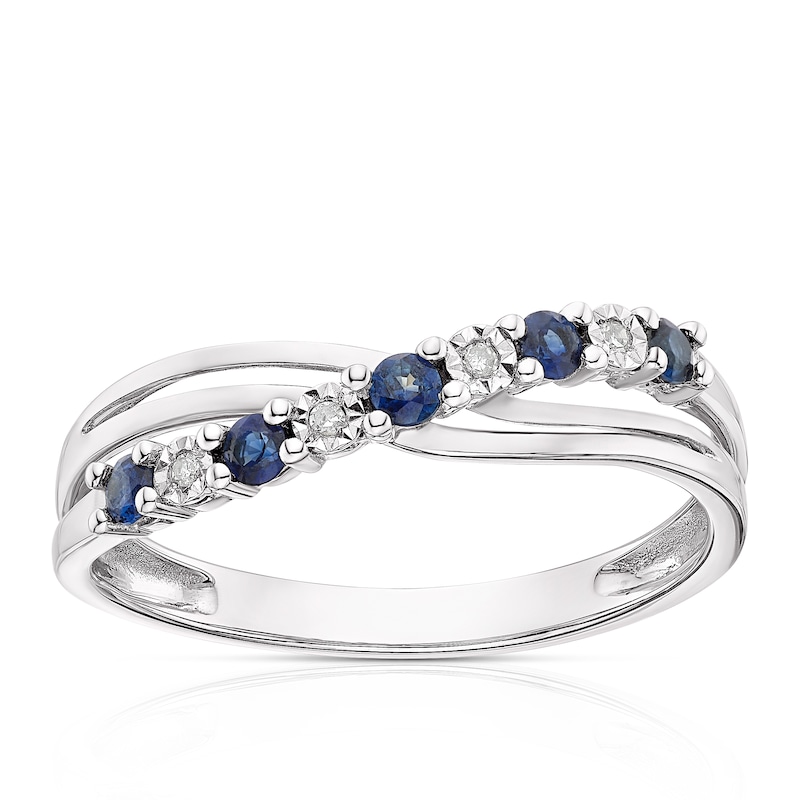 Main Image 1 of 9ct White Gold Sapphire & Diamond Crossover Ring