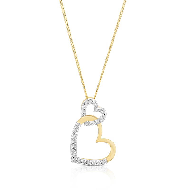 9ct Yellow Gold 0.15ct Diamond Double Interlocking Heart Pendant Necklace