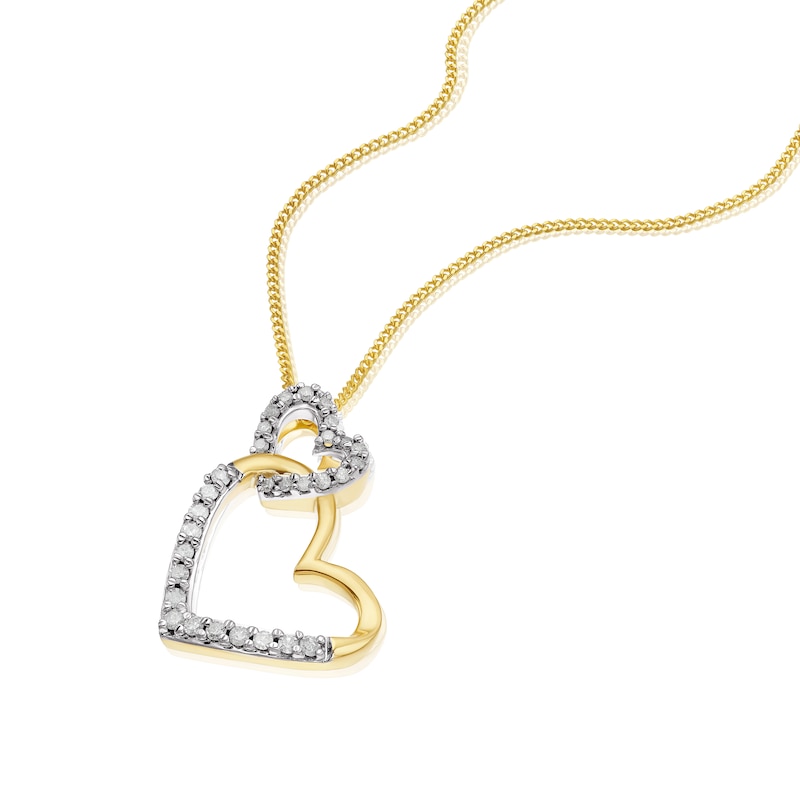 9ct Yellow Gold 0.15ct Diamond Double Interlocking Heart Pendant Necklace
