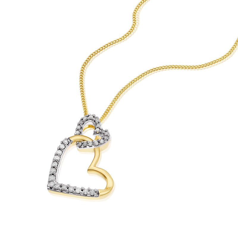 Main Image 2 of 9ct Yellow Gold 0.15ct Diamond Double Interlocking Heart Pendant Necklace