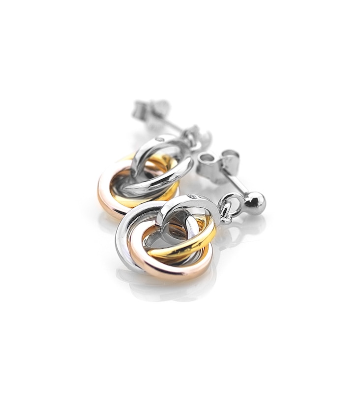 Main Image 2 of Hot Diamonds Sterling Silver Tri Tone Interlocking Hoop Stud Earrings