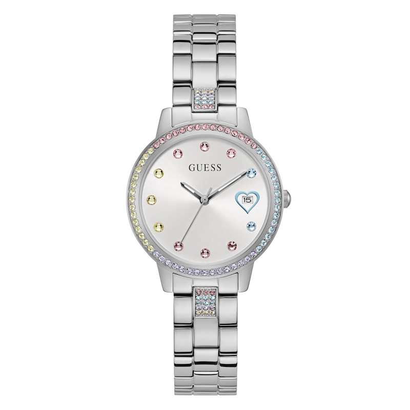 Guess Ladies' Multicoloured Stone Set Heart Detail Bracelet Watch