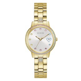 Guess Ladies' Multicoloured Stone Set Heart Detail Gold Tone Bracelet Watch