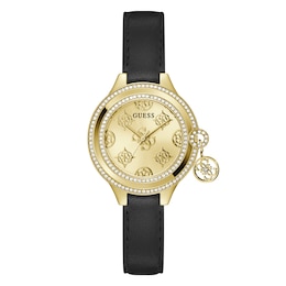 Guess Ladies' Gold Tone Logo Detail Dial Black Leather Strap Watch
