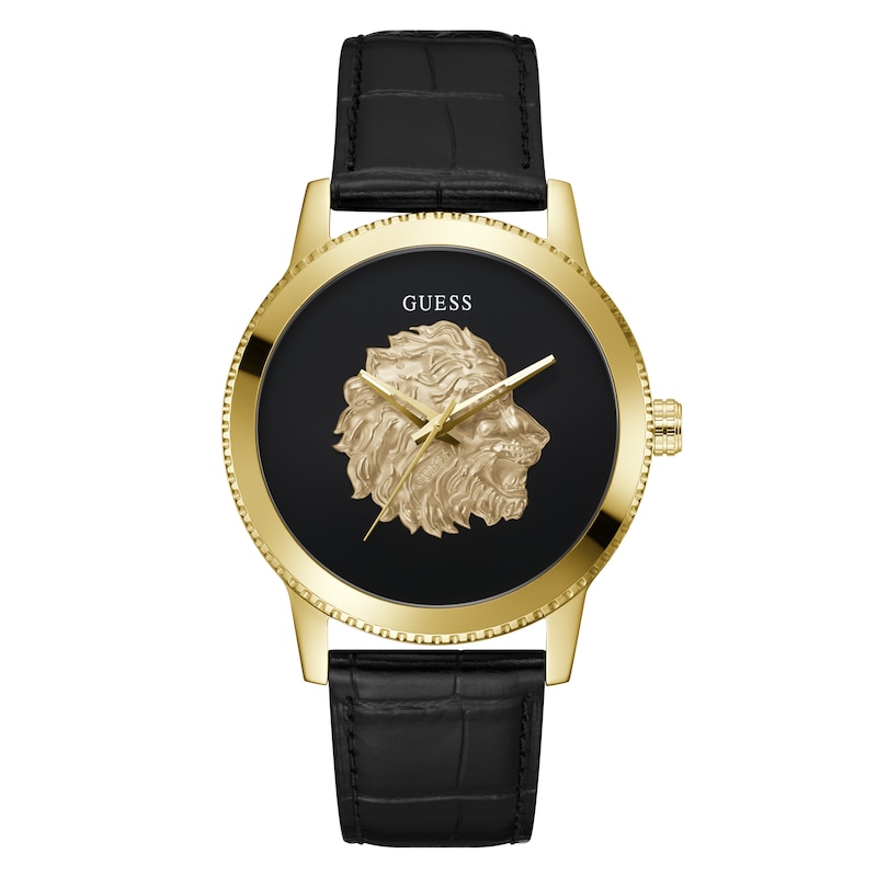 Main Image 1 of Guess Men's Gold Tone Logo Head Detail Black Leather Strap Watch