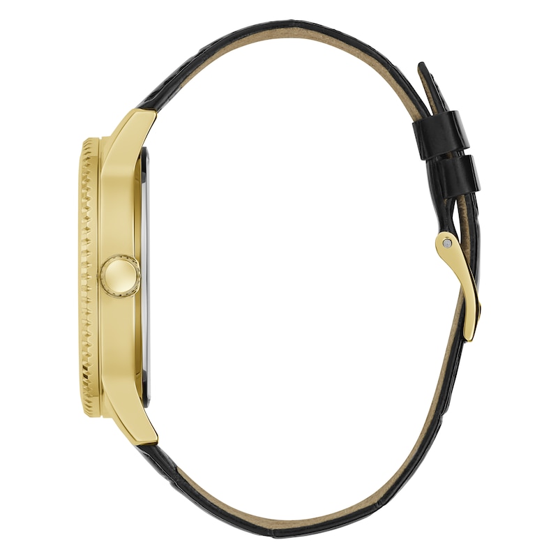 Guess Men's Gold Tone Logo Head Detail Black Leather Strap Watch