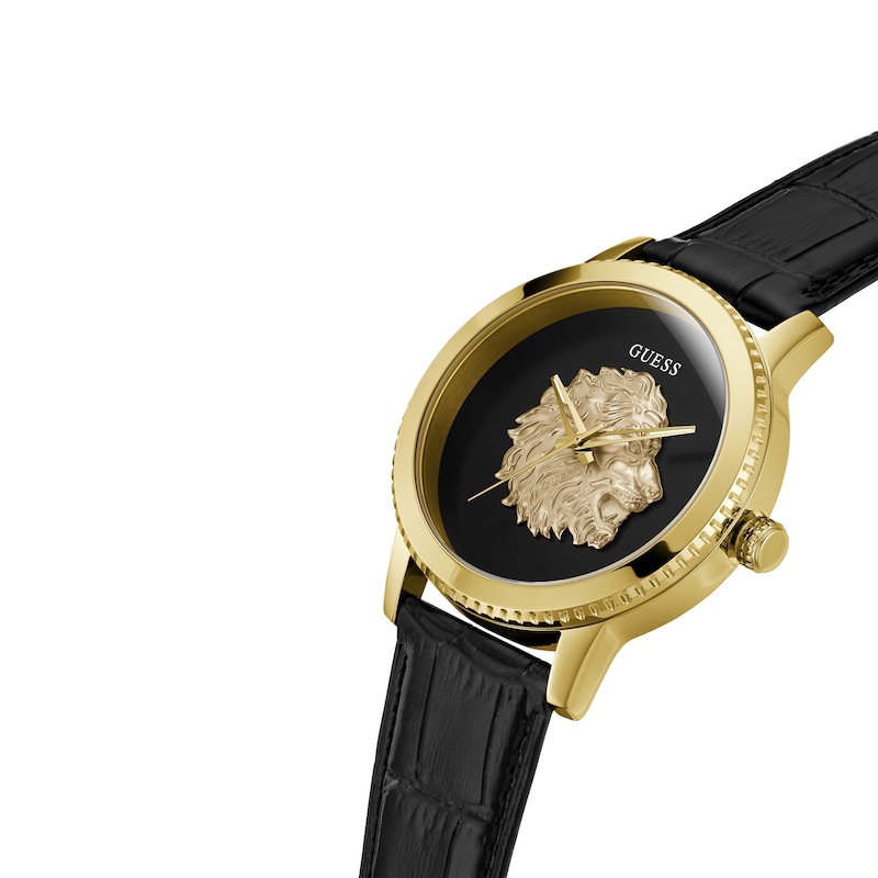 Main Image 4 of Guess Men's Gold Tone Logo Head Detail Black Leather Strap Watch
