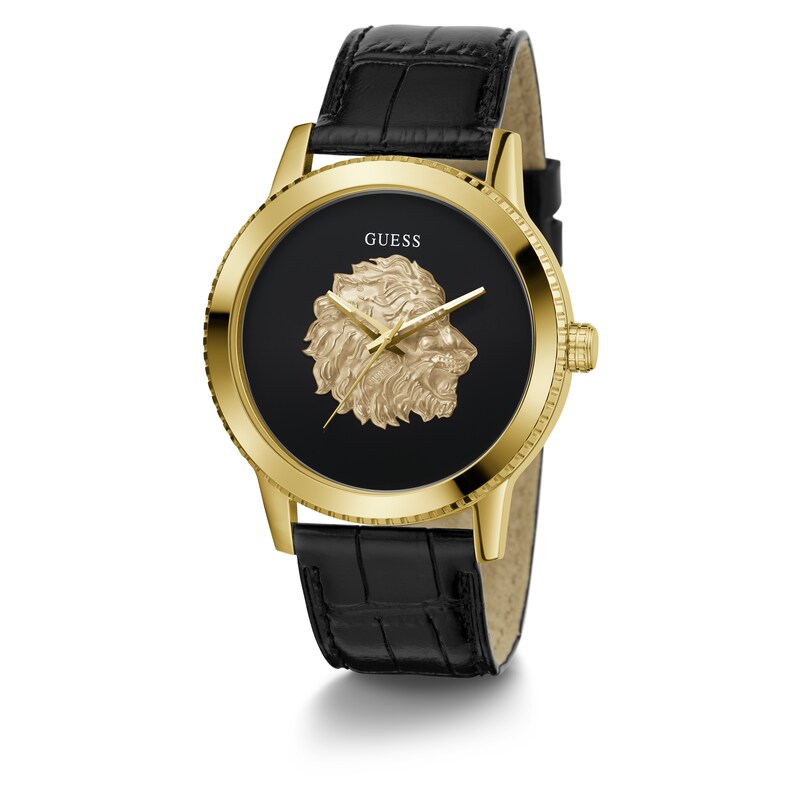 Main Image 5 of Guess Men's Gold Tone Logo Head Detail Black Leather Strap Watch
