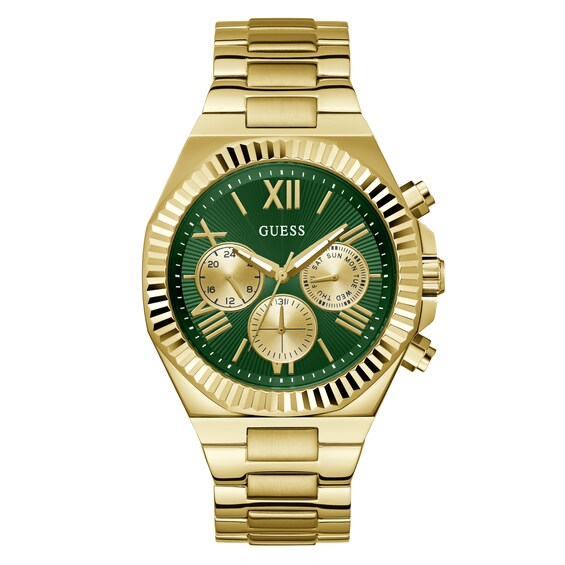 Guess Mens Green Chronograph Dial Gold Tone Bracelet Watch