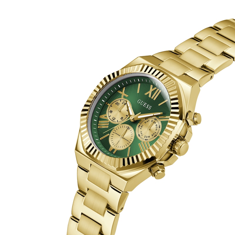 Guess Men's Green Chronograph Dial Gold Tone Bracelet Watch